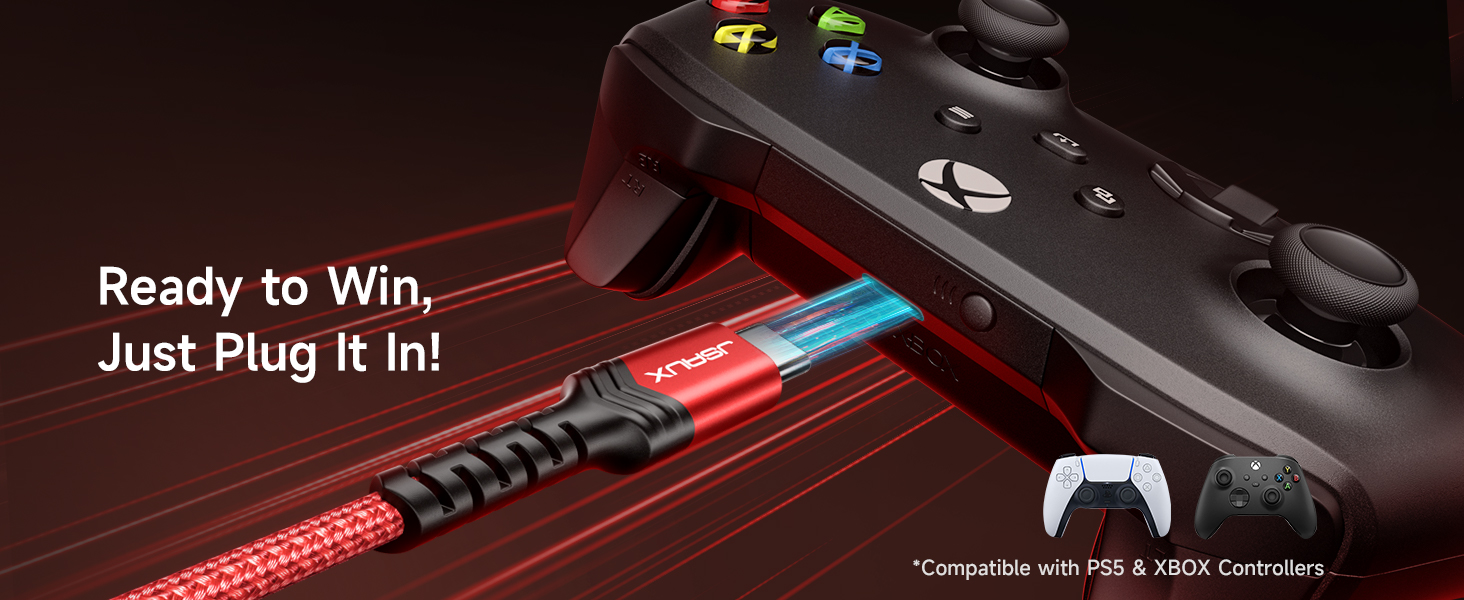 Gaming controller cable with red LED illumination and black braided design, shown with controller in dark setting.