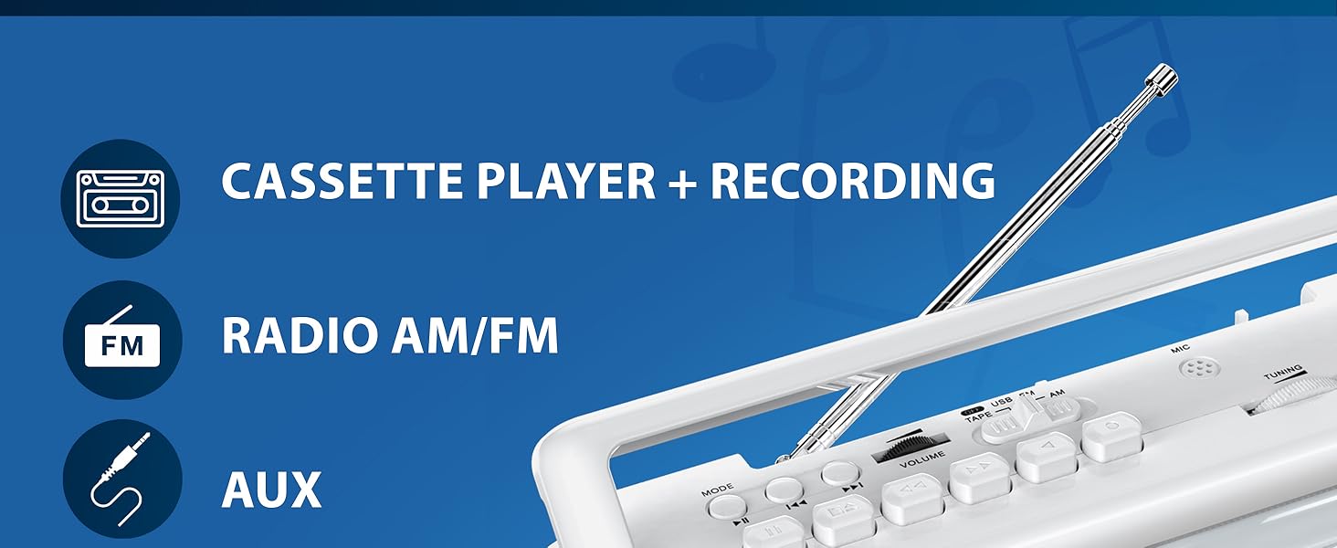 Portable Cassette Player Boombox, AM/FM Radio, Speaker, Bluetooth Cassette Tape Player Recorder