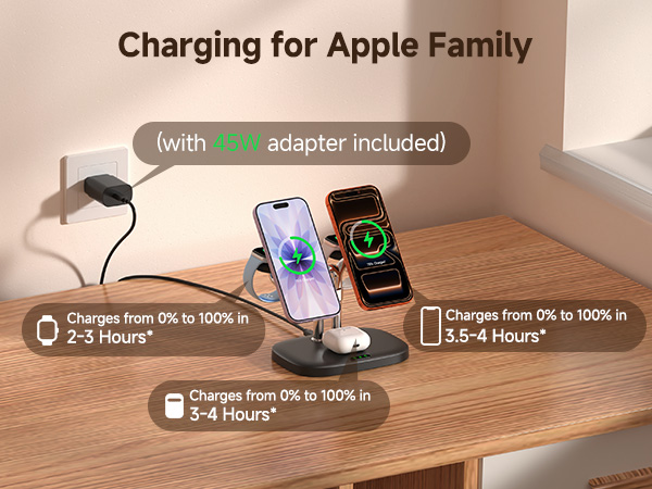 Text reads 'Charging for Apple Family' with 'USB adapter included'. Shows charging station with charging time indicators: '2-3 Hours', '3.5-4 Hours', and '2-4 Hours' for different devices.