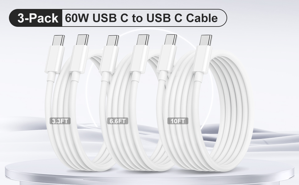3-Pack [10FT+6.6FT+3.3FT] 60W USB C to USB C Cable