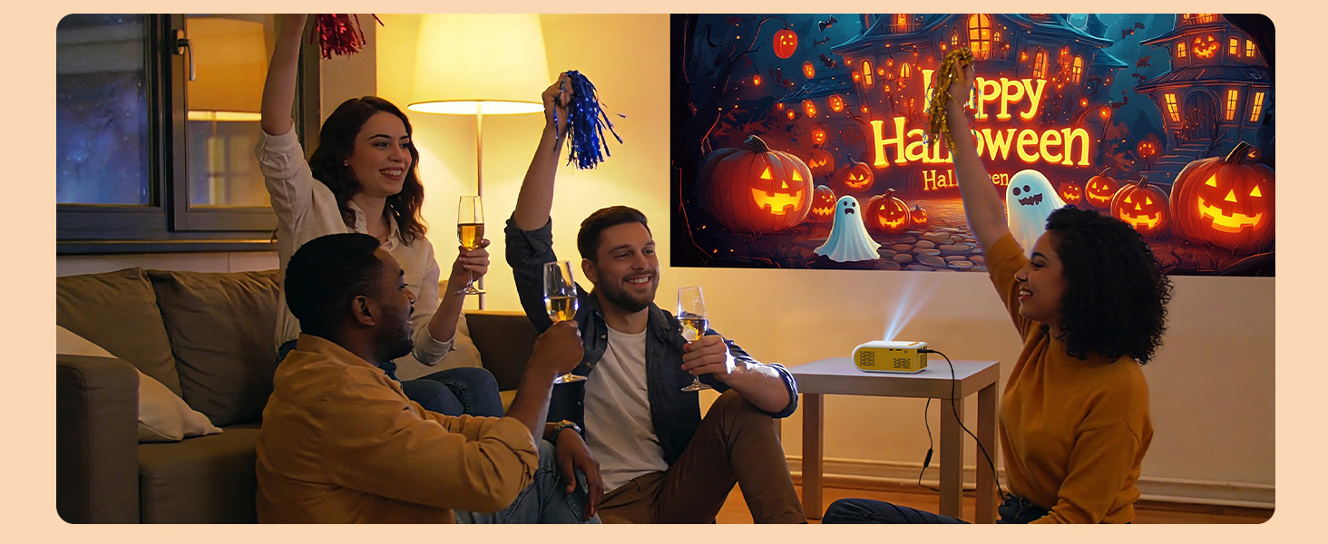 Text reads: 'Happy Halloween'. Indoor Halloween party scene with carved pumpkins and orange ambient lighting creating festive atmosphere.