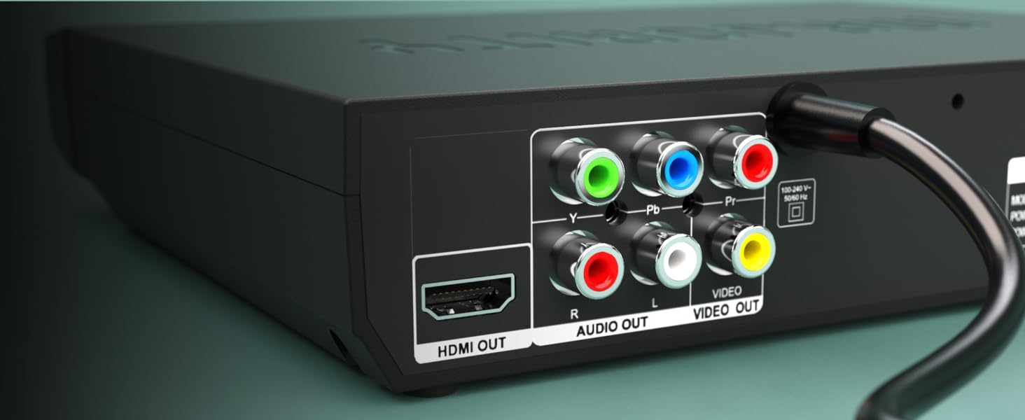 Back of hdmi dvd player showing following ports: HDMI out, audio out, video out and power cable