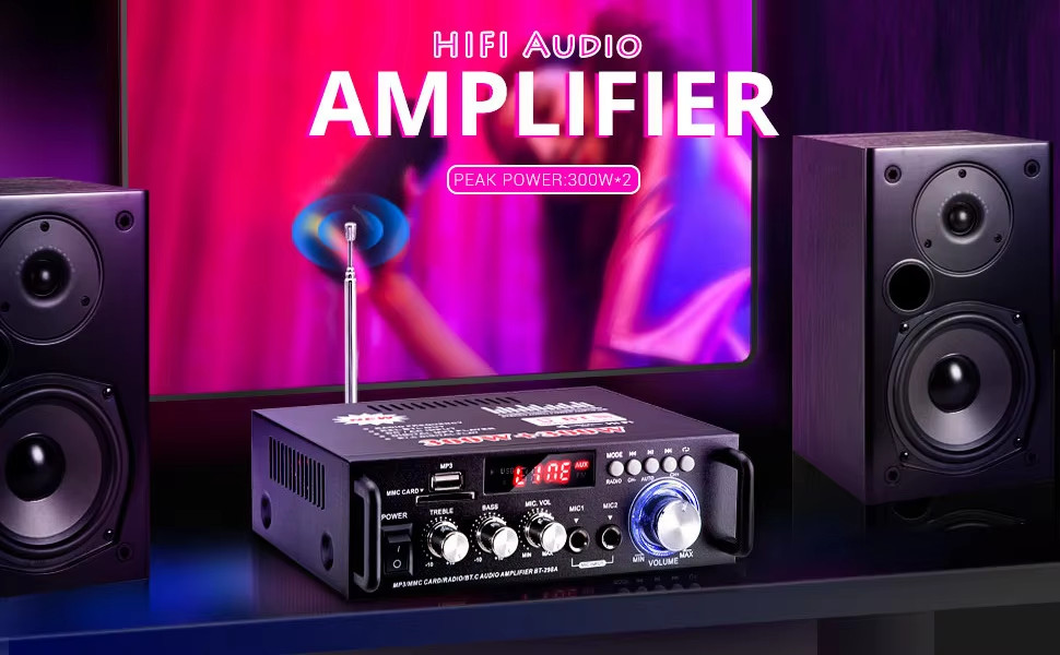 Audio amplifier setup with speakers against purple and blue lighting, featuring HiFi equipment and monitoring accessories.
