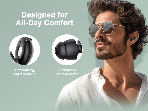 Text reads 'Designed for All-Day Comfort'. Product showcase featuring sunglasses with technical specification icons against sage green background.
