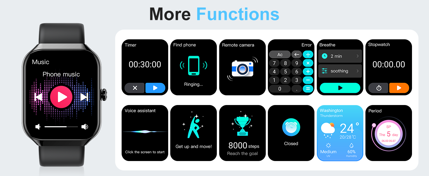 Smartwatch with black band displaying music interface. Multiple screens show various functions: timer, battery, camera, calculator, fitness tracking, weather, and more on a dark background with teal accents.
