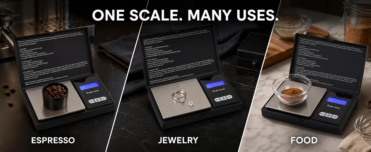 Pocket scale used for espresso, jewelry, and food measurements.