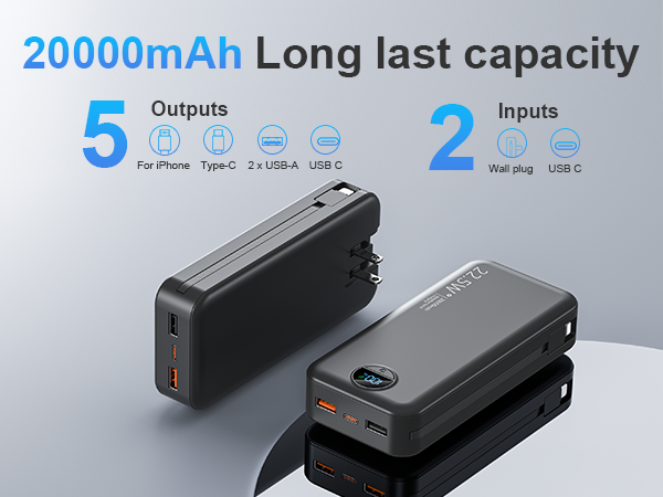 20000aAh Long last capacity portable charger with built in cable