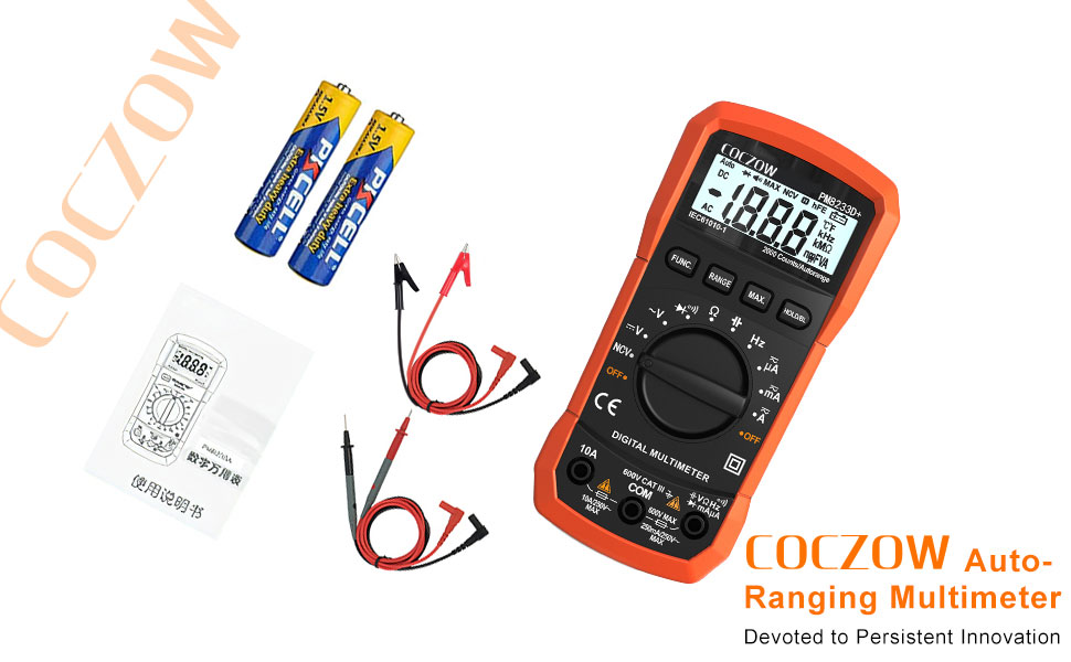 Series of electronic multimeters displaying 'Ranging Multimeter' branding, showing various angles of orange and black digital measuring devices with LCD screens and control dials.