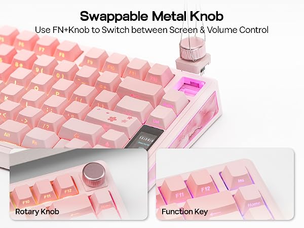 Text reads 'Use Pin/Knob to Switch between Screen &amp; Volume Control'. Pink-lit mechanical keyboard with close-up details of keys and controls.