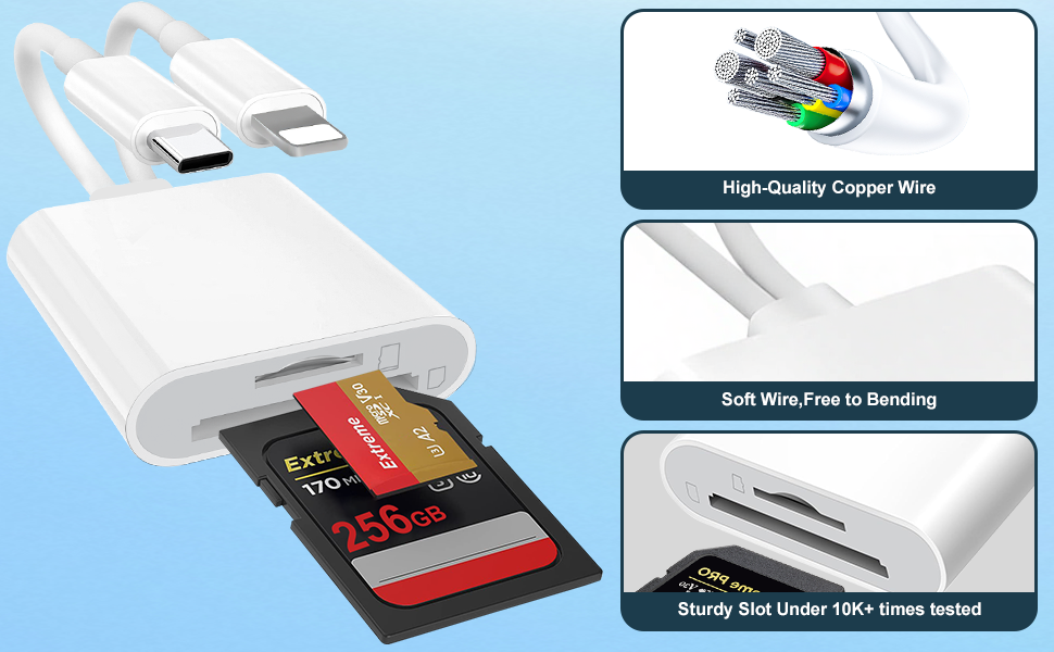 SD Card Reader for iPhone USB C Ipad, Dual Interface Sd Card Adapter Camera Adapter Sd Card Reader