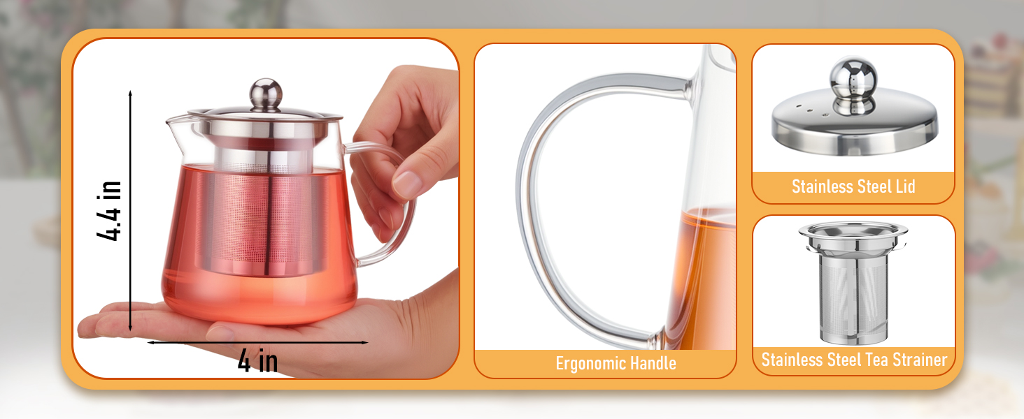 Glass Teapot Stovetop 18.6 OZ, Borosilicate Clear Tea Kettle