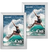 FIXSMITH 4x6 Picture Frame Set of 2, Sliver Photo Frame 4x6 with HD Plexiglass, Brown Picture Fra...