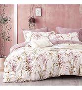 LEMIROE Floral Cotton Comforter Queen Size 3Pcs - Pink Flowers on Botanical Textured Beige Front,...