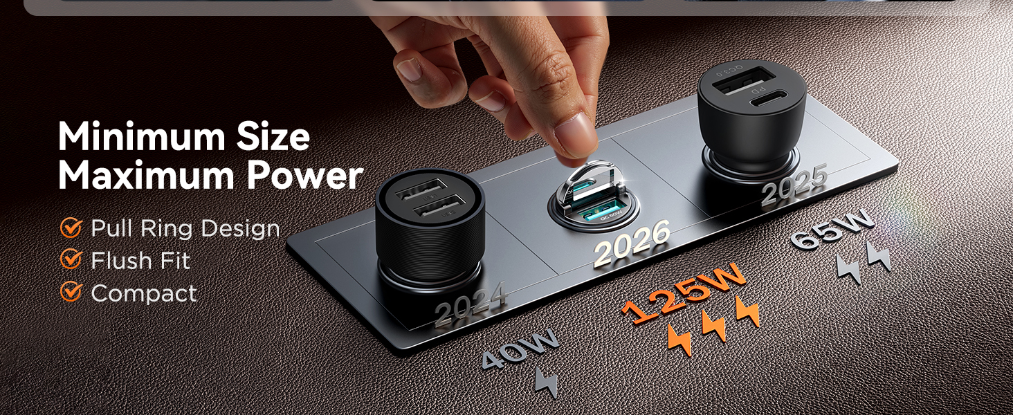 fast car charger fetures pull ring, flush fit, and compact design. Mini size and maximum power!