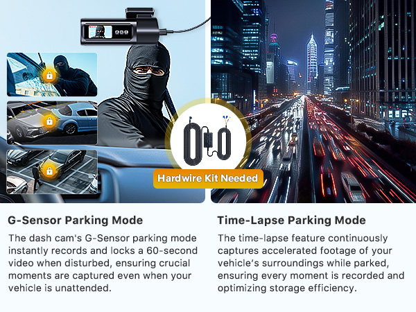 Dashboard camera interface showing parking mode features: G-Sensor and Time-Lapse modes with cityscape background and yellow highlighted indicators.