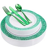 U-QE 150PCS Green Plastic Plates with Plastic Silverware, Green Disposable Plates for 30 Guests I...