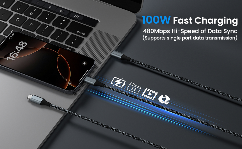 100W 2-in-1 USB-C to USB-C Charging Cable 4FT