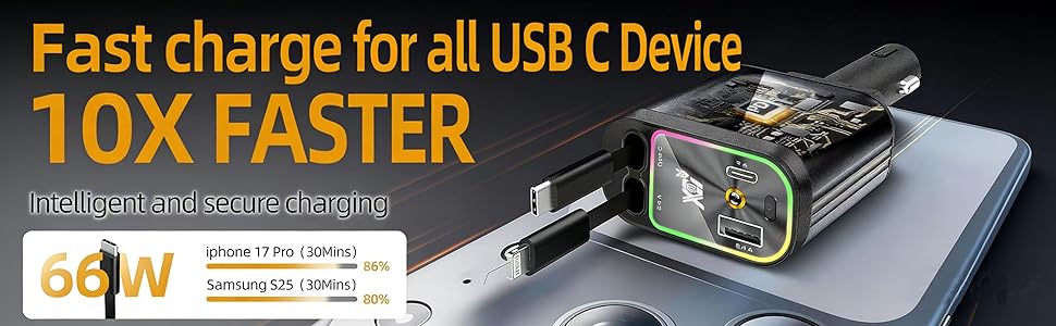 Retractable Car Charger with 31-Inch Cables 4 in 1 Fast Car Charger USB C Car Adapter