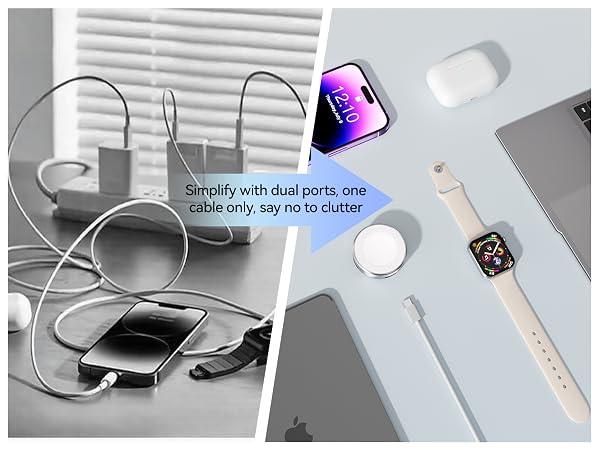Text reads 'Simplify with dual ports, one specifically say no to clutter'. Product demonstration of dual charging setup with smart watch and phone charging accessories.