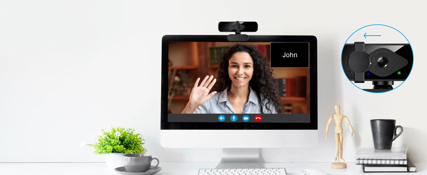Smiling woman greeting through a 2K pc camera webcam with a privacy cover.usb c webcam for computer.