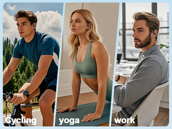 Text reads 'cycling', 'yoga', 'work'. Series of indoor fitness and workspace scenes showing people in various seated positions.