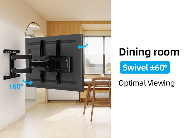 Wall-mounted TV bracket demonstration showing 360-degree swivel functionality in a dining room setting, with optimal viewing angle indicators.