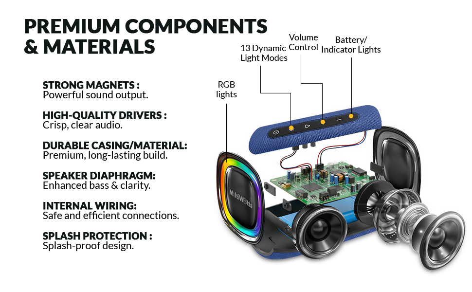 Premium internal components speaker diaphragm and powerful magnets for enhanced bass and clarity