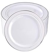 bUCLA 100Pieces Silver Plastic Plates-10.25inch Silver Rim Disposable Dinner Plates-Ideal for Wed...