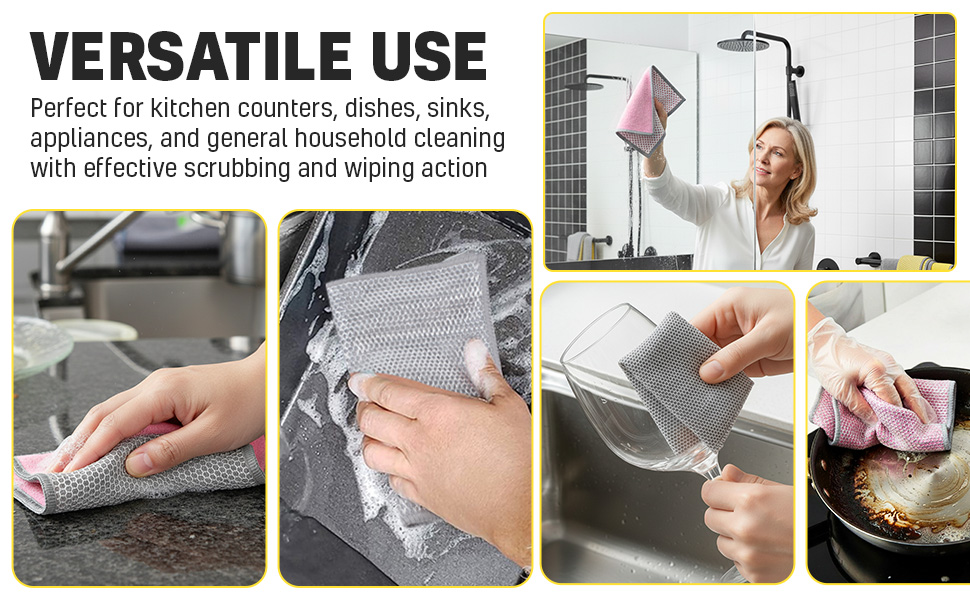 Multipurpose dishwashing cloths for kitchen counters, dishes, sinks, glass, and general cleaning.