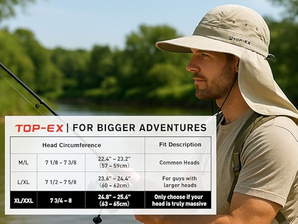 Size chart for TOP-EX cooling sun hat with M/L to XXL options, worn by man fishing outdoors