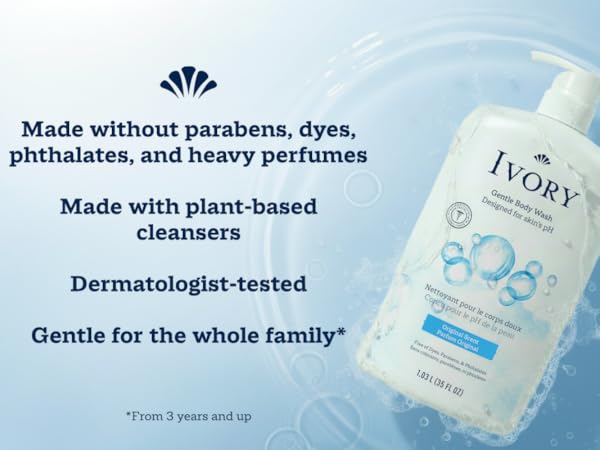 Made without parabens, dyes, phthalates, and heavy perfumes. Made with plant-based cleansers