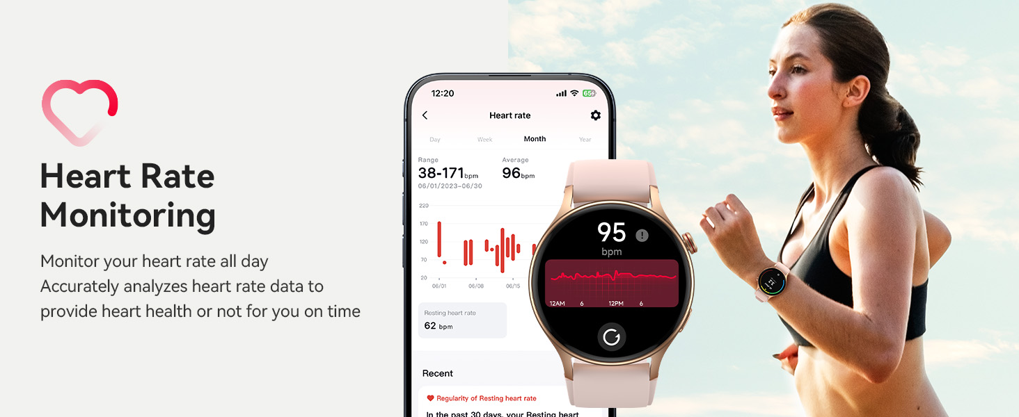 Smartwatch and smartphone displaying heart rate monitoring app. Graph shows heart rate data. Woman in athletic wear running in background.