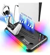 TECTINTER for PS5 Slim/PS5 Stand and Cooling Station,3-Level and 8 RGB LED with Charger for PS 5&amp;...