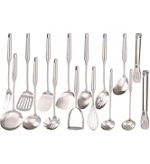 18/10 Stainless Steel Cooking Utensils Set - 16 PCS All Metal Small &amp; Large Kitchen Spoons, Servi...