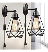 Plug in Wall Sconce, Wire Cage, Industrial Wall Lamp with Plug in Cord, Rustic Sconce Fixture, On...