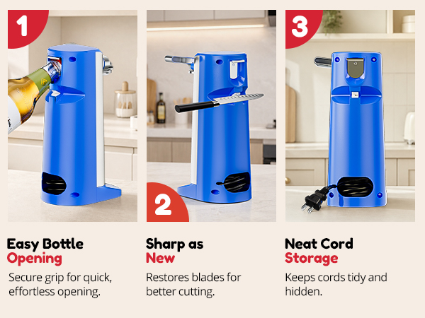 NK-0730 3-in-1 electric can opener with bottle opener, knife sharpener and hidden cord storage