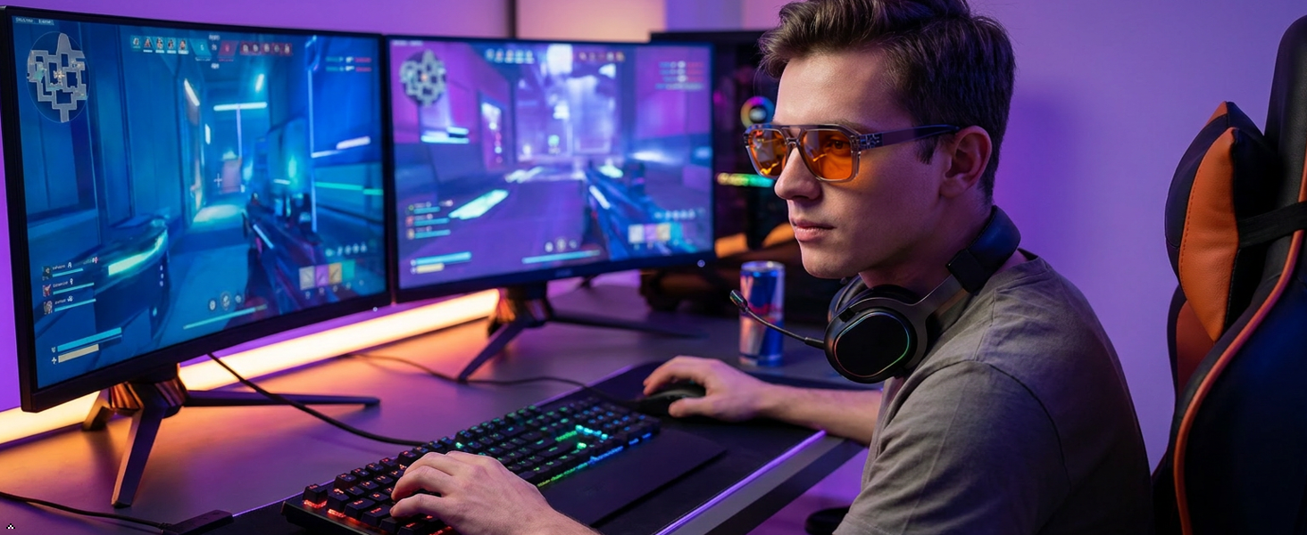 blue light blocking glasses during intense screen gaming session, eyes relaxed and comfortable