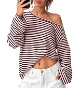 Trendy Queen Off The Shoulder Tops for Women Striped Long Sleeve Shirts | oversized loose fit, so...