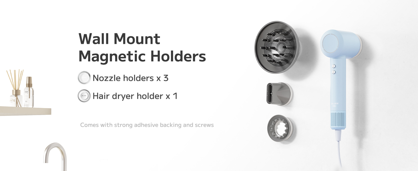 Wall mount magnetic holders for hair tools. Set includes three circular nozzle holders and one larger holder for a hair dryer, shown with a light blue hair dryer.