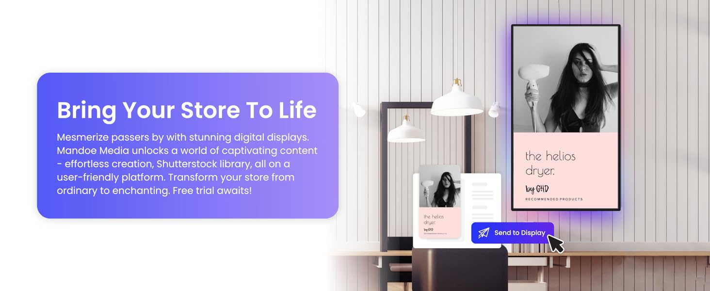 Digital signage with signage stick displaying vibrant video and animated retail ads.