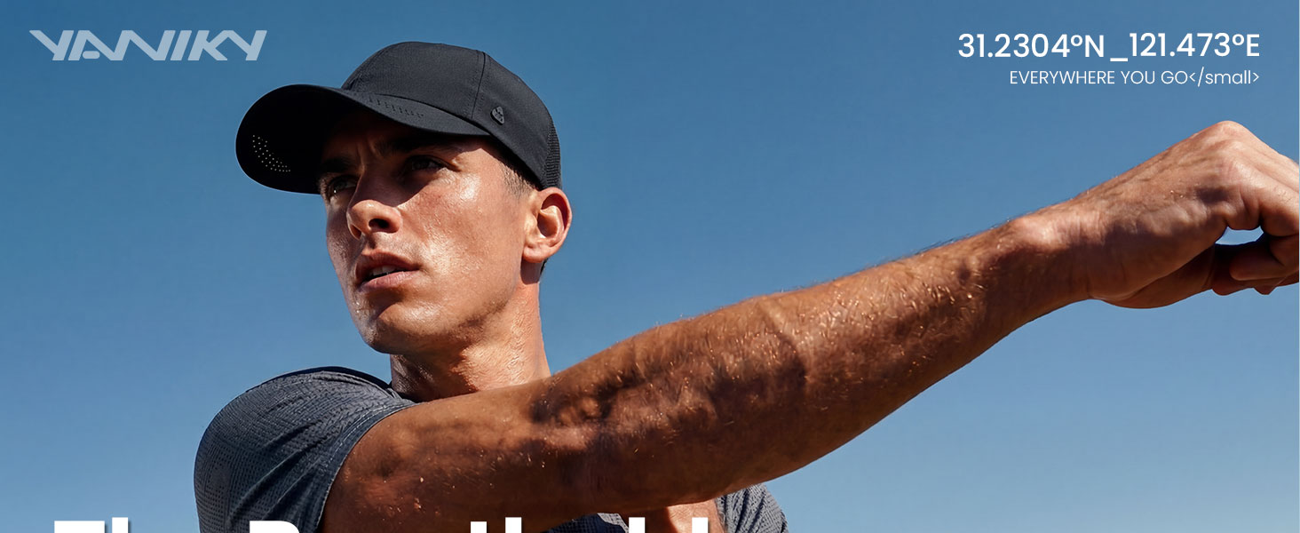 Black running hat for men. Male runner wearing a breathable, lightweight cap for outdoor sports