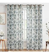 jinchan Linen Curtains for Living Room, Blue Floral Paisley Patterned Curtains 84 Inch Length, Li...