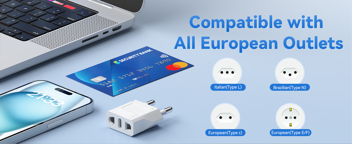 Compatible with all European Type C,E,F,L,N Outlets