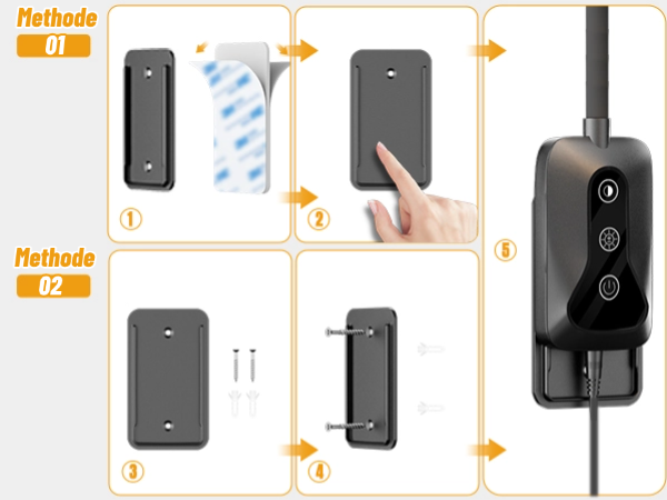Installation guide for a black rectangular electronic device, showing cleaning, mounting, and connection steps. Final panel displays the installed device with three circular buttons.