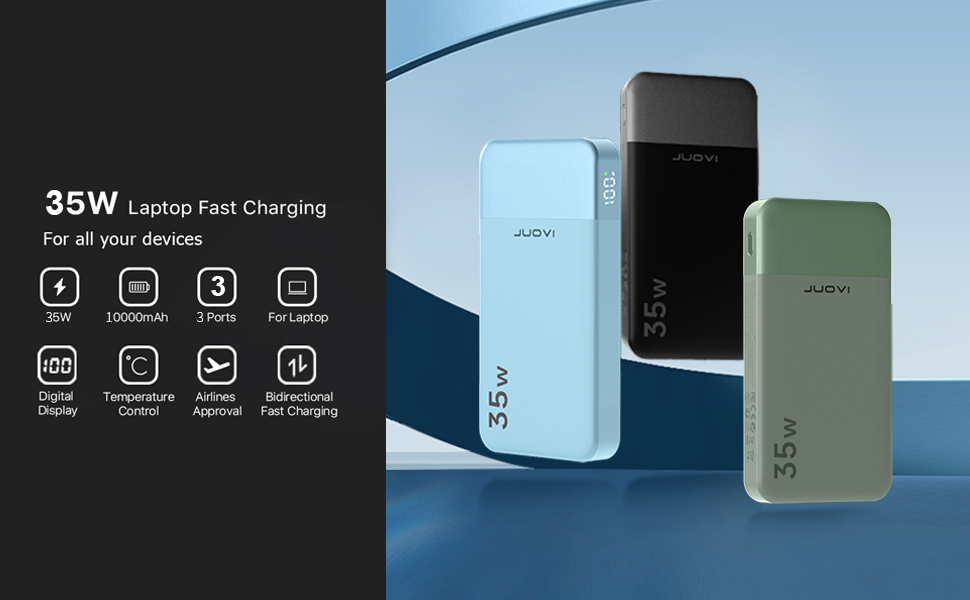 Three portable chargers in black, blue, and gray. Features 35W laptop fast charging capability for multiple devices.