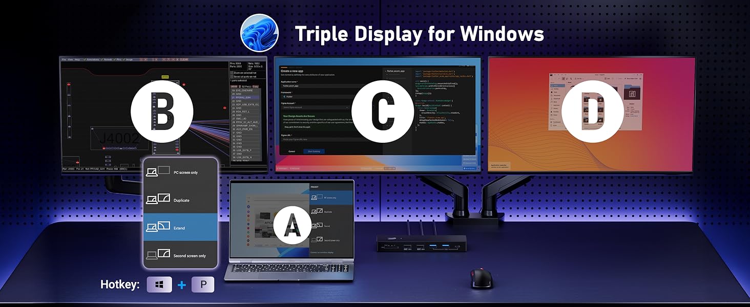 Text reads 'Triple Display for Windows'. Software interface showing multiple monitor display settings with blue and dark theme.