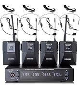 SIKUING 4 Channel UHF Wireless Microphone System with Lavalier Headset Mics, 4x50 Adjustable Freq...