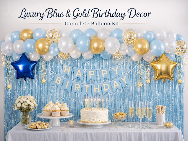 Blue and gold birthday balloon kit with star balloons and fringe backdrop