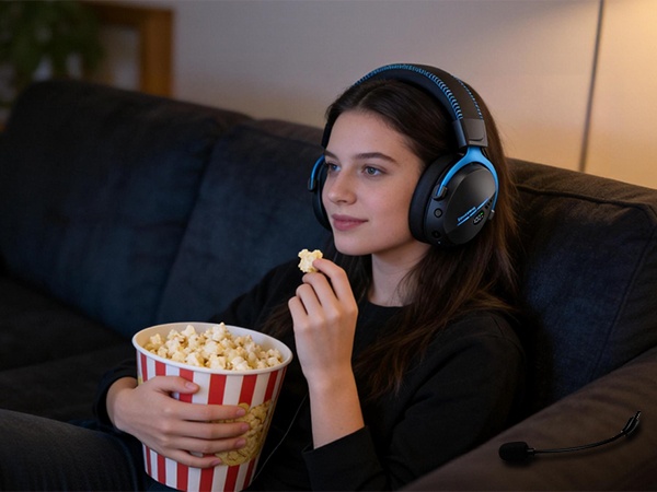 Woman wearing blue over-ear headphones while holding popcorn container on couch in home entertainment setting.
