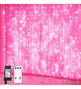 JMEXSUSS 300 LED Remote Control Pink Curtain Lights, 8 Modes Pink Valentine Lights, Pink String L...
